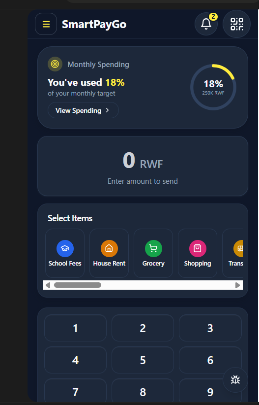 SmartPayGo home screen with monthly spending and quick send