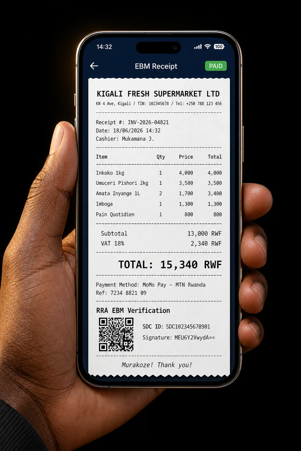 Hand holding a phone showing a complete SmartPayGo EBM receipt screen