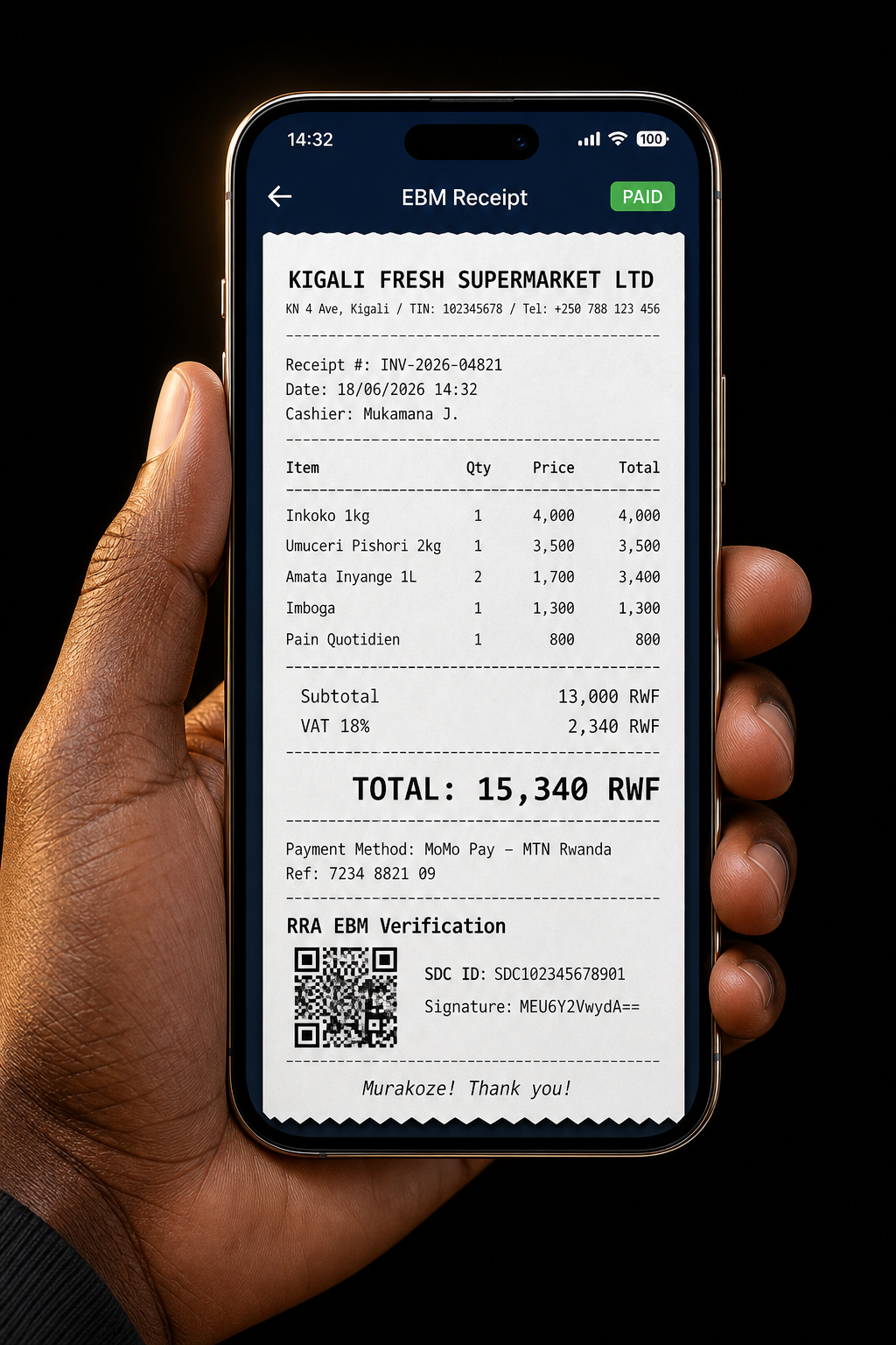 Hand holding a phone showing a complete SmartPayGo EBM receipt screen